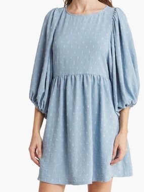 Melrose and Market Sky Blue Clip Dot Boho Dobby Balloon Sleeve Mini Dress M NWT
